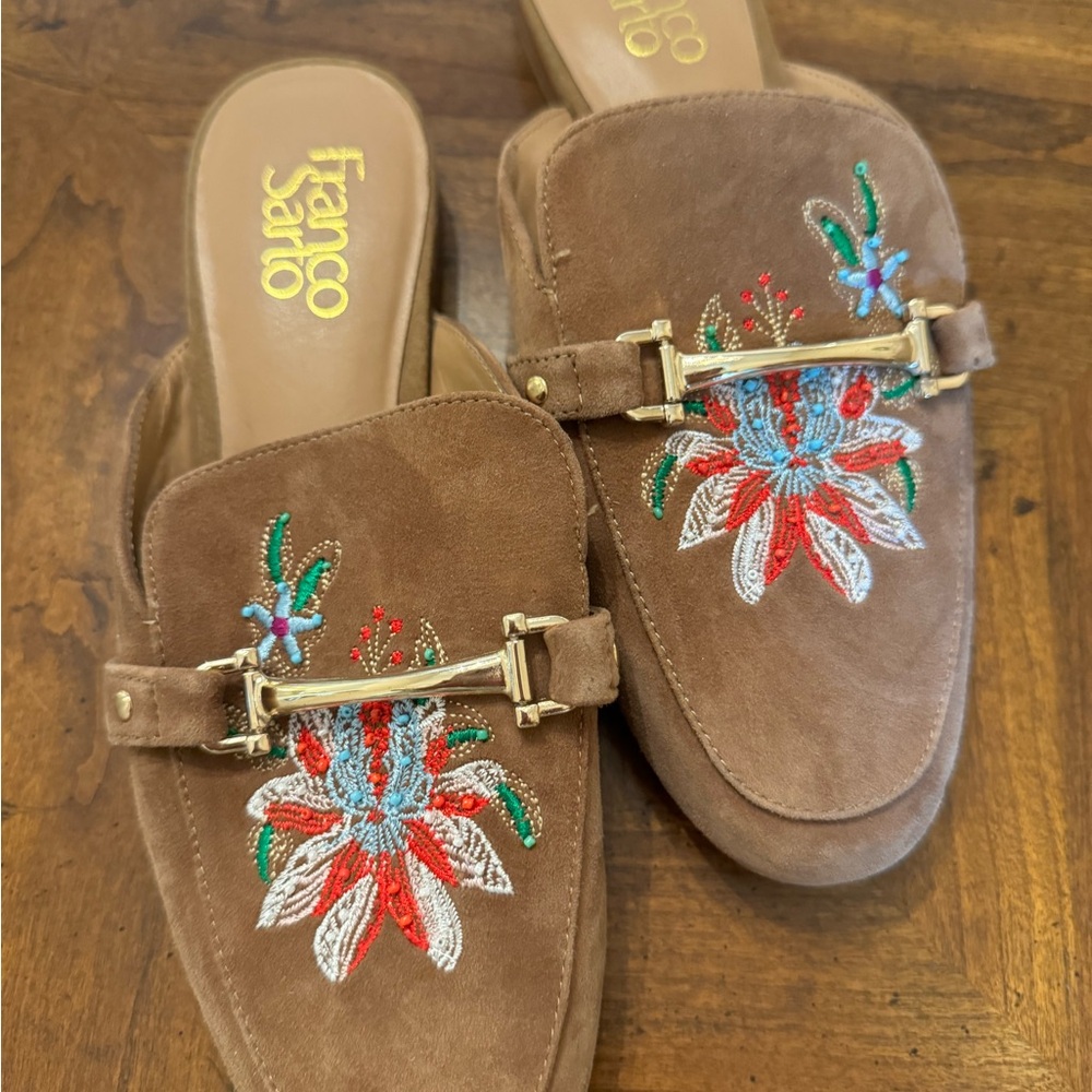 Franco Sarto Camel Floral Leather Mules DEVRA NWTS Size 7